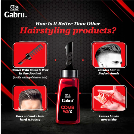 Gabru Comb Wax for Men | Strong Hold Hair Styling Wax with Built-in Comb | No Stickiness | Long Lasting Shine