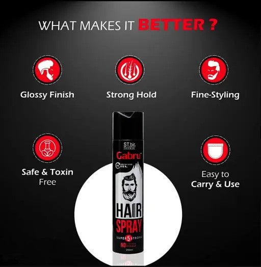 Gabru Hair Spray for Men | Super Strong Hold with Natural Shine | No Gas | No Residue | 250ml
